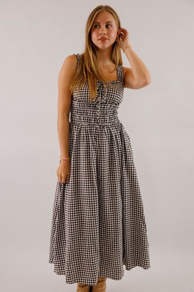 Black and White Gingham Midi Dress- Women's Smocked Waist Dress- Fall Dresses