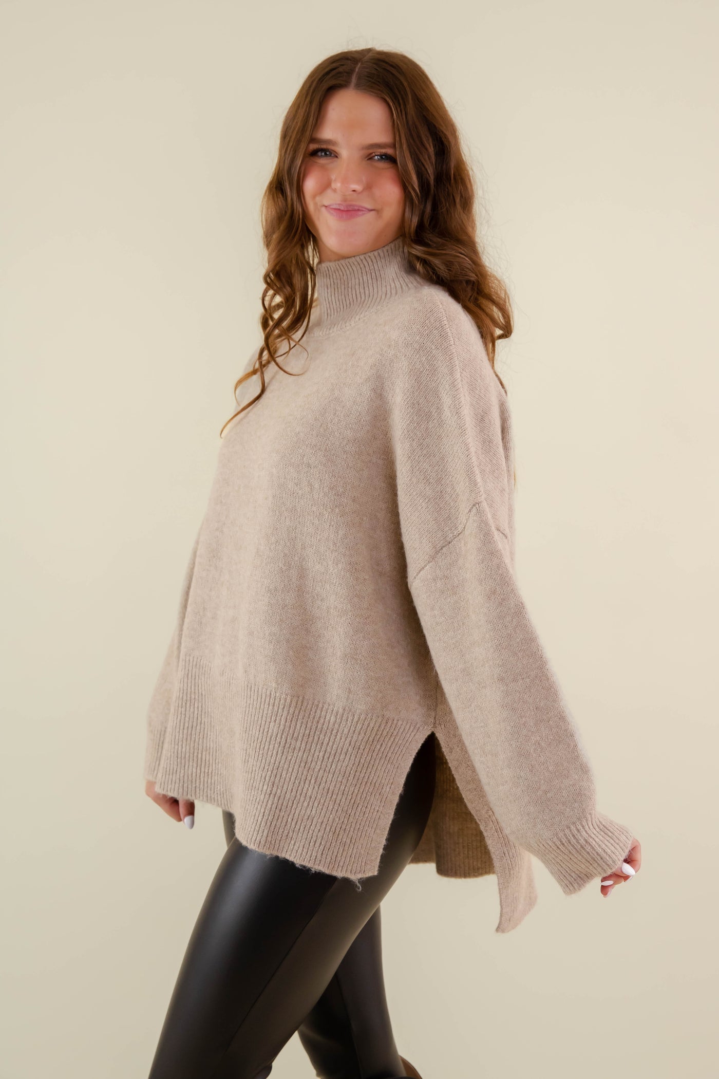 Oversized Taupe Mockneck Sweater- Women's Soft Oversized Sweater- Ribbed Knit Comfy Sweater