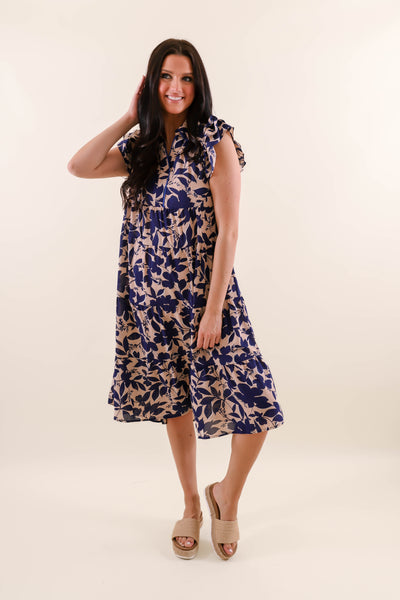 Blue Floral Midi Dress- Women's A-line Midi Dress- Umgee Dresses