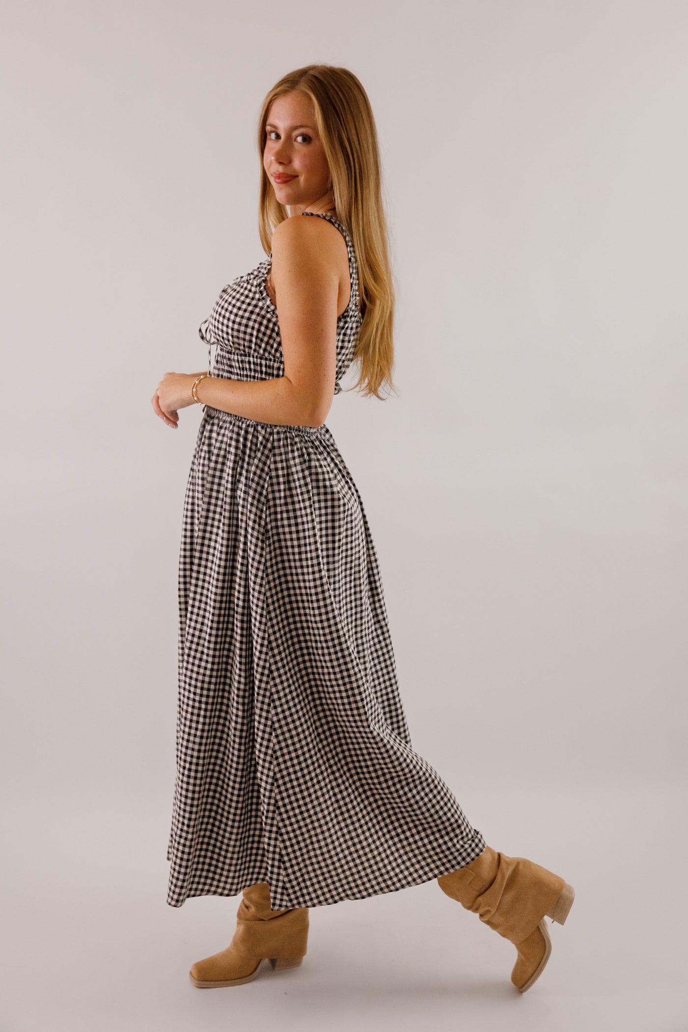 Black and White Gingham Midi Dress- Women's Smocked Waist Dress- Fall Dresses