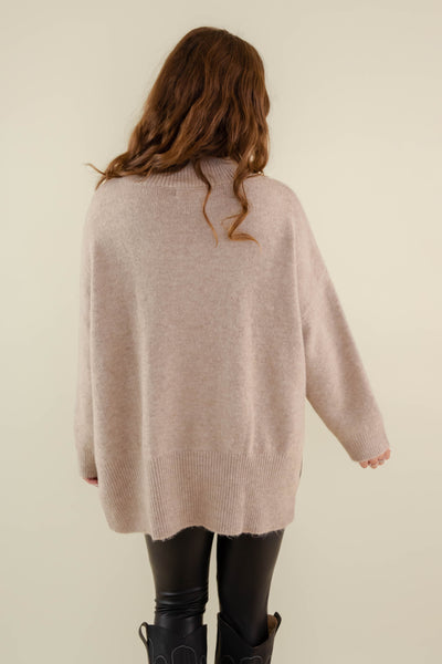 Oversized Taupe Mockneck Sweater- Women's Soft Oversized Sweater- Ribbed Knit Comfy Sweater