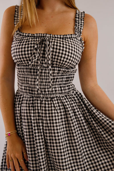 Black and White Gingham Midi Dress- Women's Smocked Waist Dress- Fall Dresses
