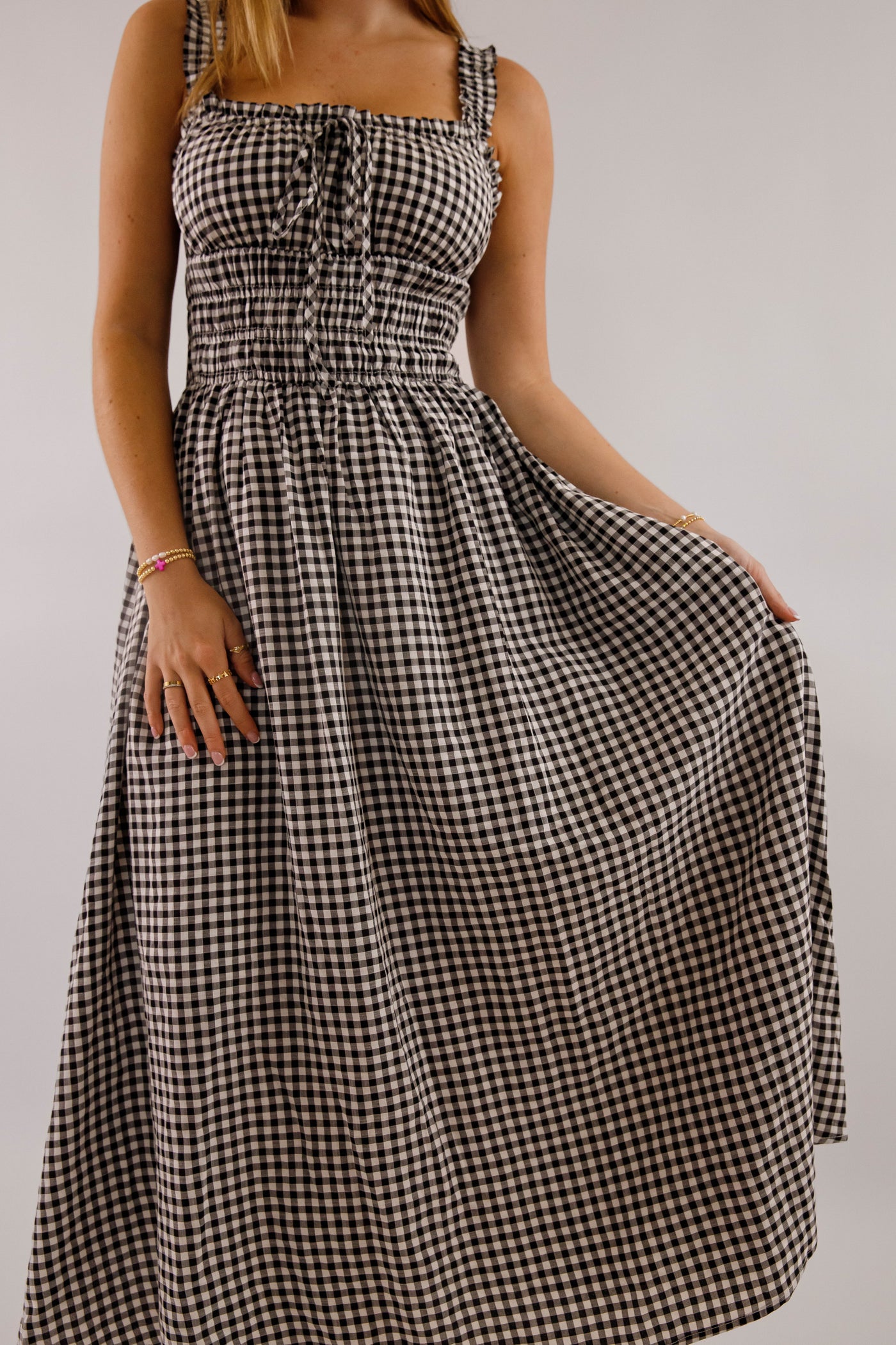 Black and White Gingham Midi Dress- Women's Smocked Waist Dress- Fall Dresses