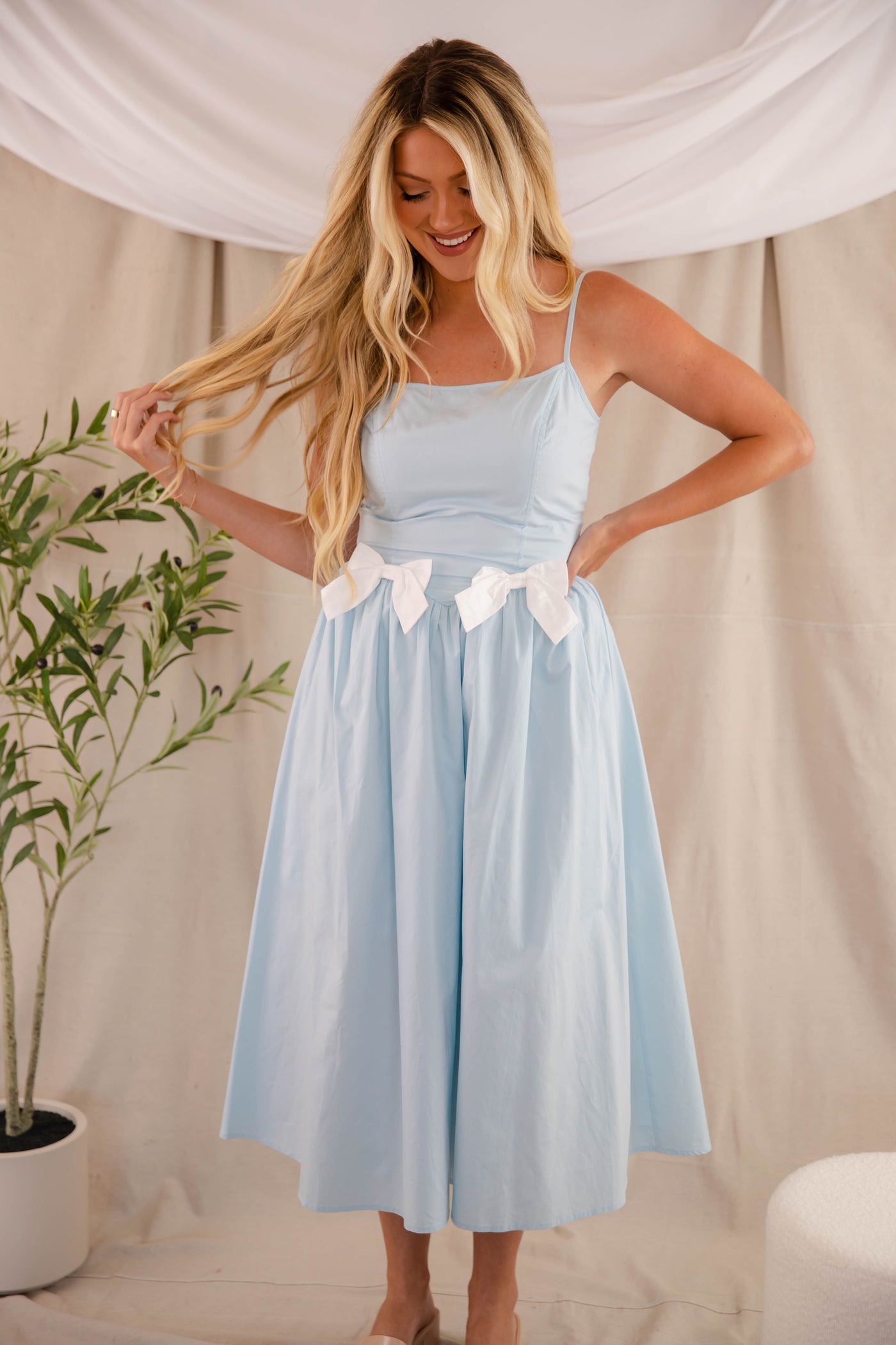 Women's Blue Bow Midi Dress- Drop Waist Midi- In The Beginning Dresses