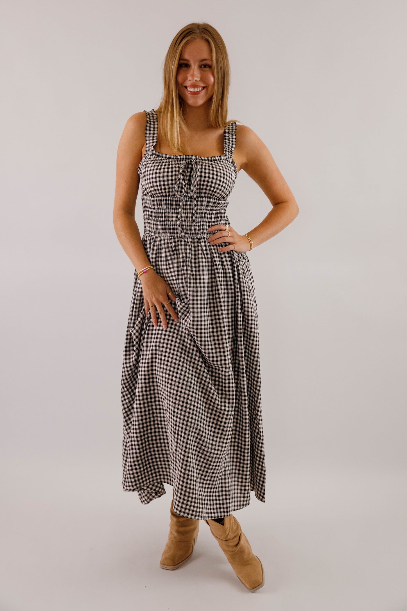 Black and White Gingham Midi Dress- Women's Smocked Waist Dress- Fall Dresses