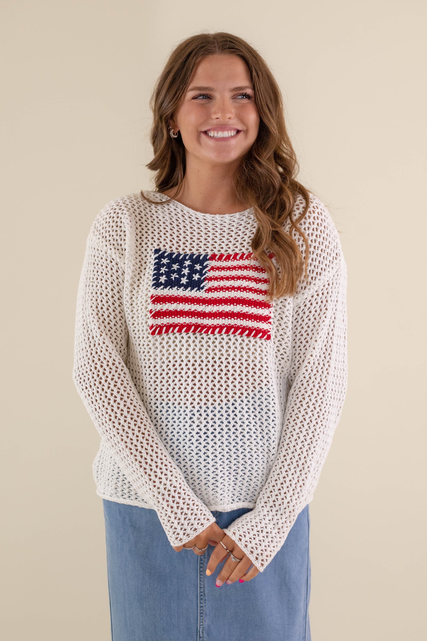 Women's American Flag Sweater- White Flag Sweater- Americana Lightweight Sweater