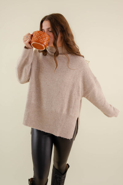 Oversized Taupe Mockneck Sweater- Women's Soft Oversized Sweater- Ribbed Knit Comfy Sweater