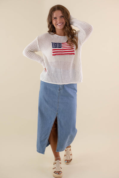 Women's American Flag Sweater- White Flag Sweater- Americana Lightweight Sweater