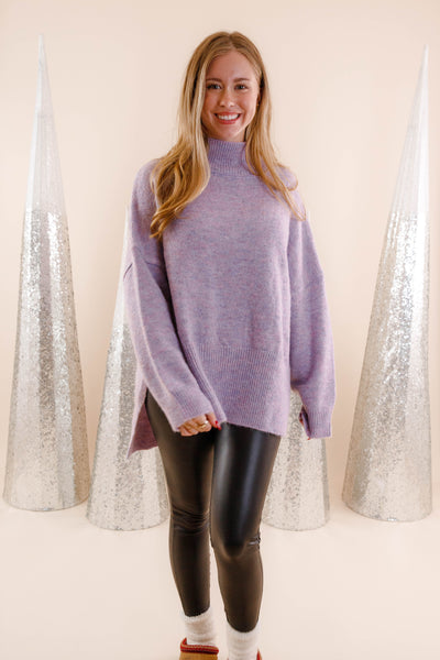 Oversized Purple Mockneck Sweater- Women's Soft Oversized Sweater- Ribbed Knit Comfy Sweater