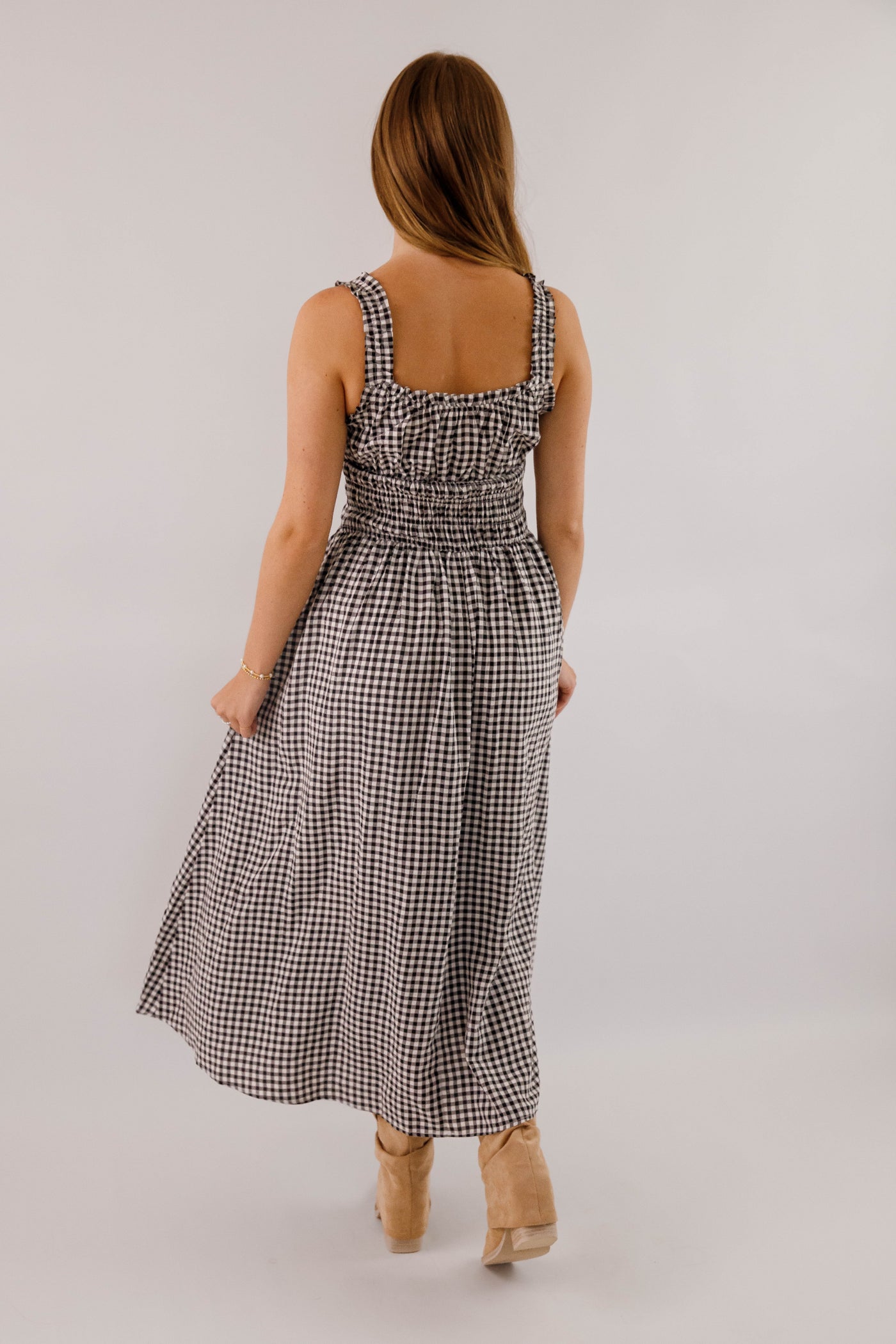 Black and White Gingham Midi Dress- Women's Smocked Waist Dress- Fall Dresses