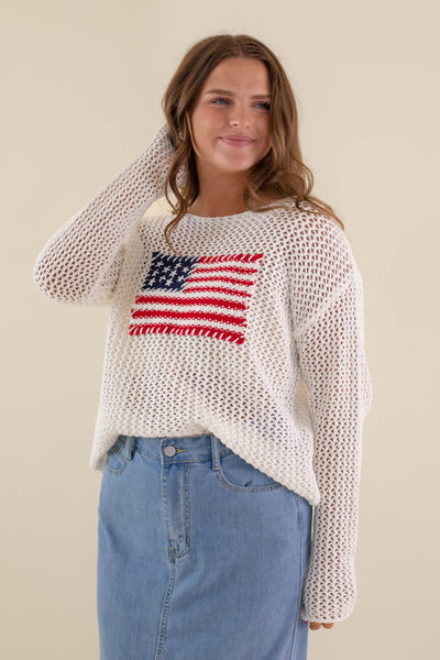 Women's American Flag Sweater- White Flag Sweater- Americana Lightweight Sweater