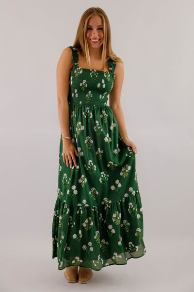 Green Floral Print Maxi- Women's Dresses With Pockets- SugarLips Dress