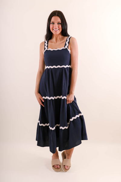 Navy and White Ric-Rac Maxi Dress- Women's Summer Maxi Dresses- She + Sky Maxi Dress