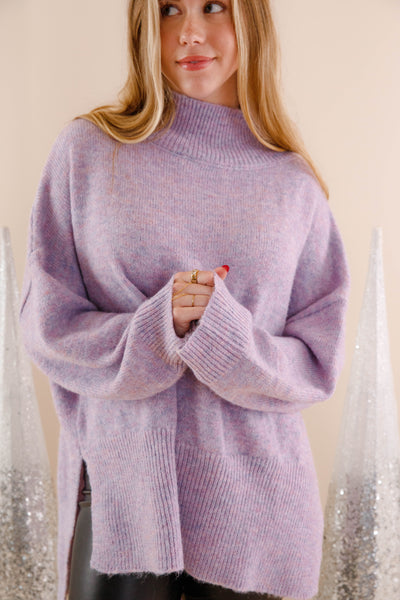 Oversized Purple Mockneck Sweater- Women's Soft Oversized Sweater- Ribbed Knit Comfy Sweater