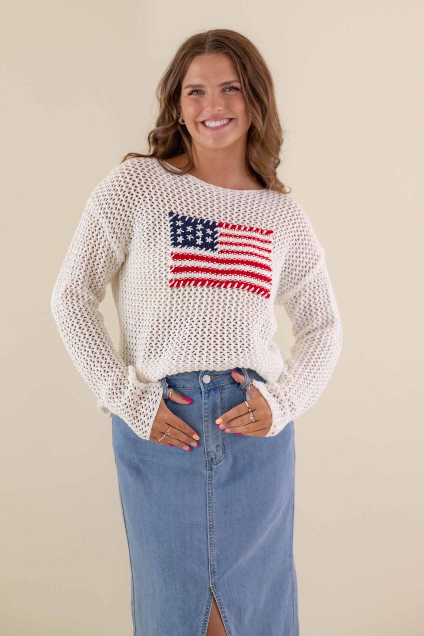 Women's American Flag Sweater- White Flag Sweater- Americana Lightweight Sweater