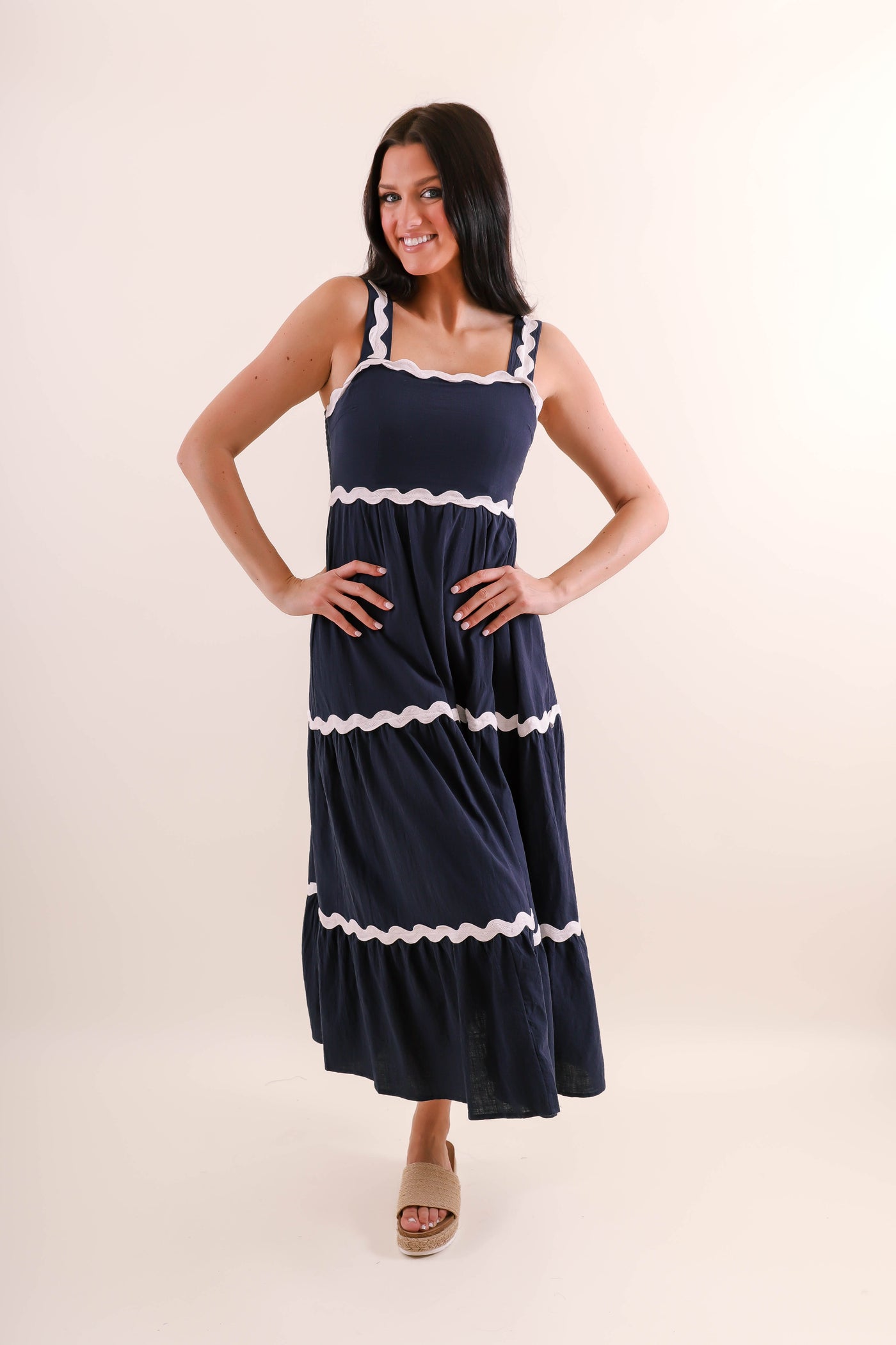 Navy and White Ric-Rac Maxi Dress- Women's Summer Maxi Dresses- She + Sky Maxi Dress