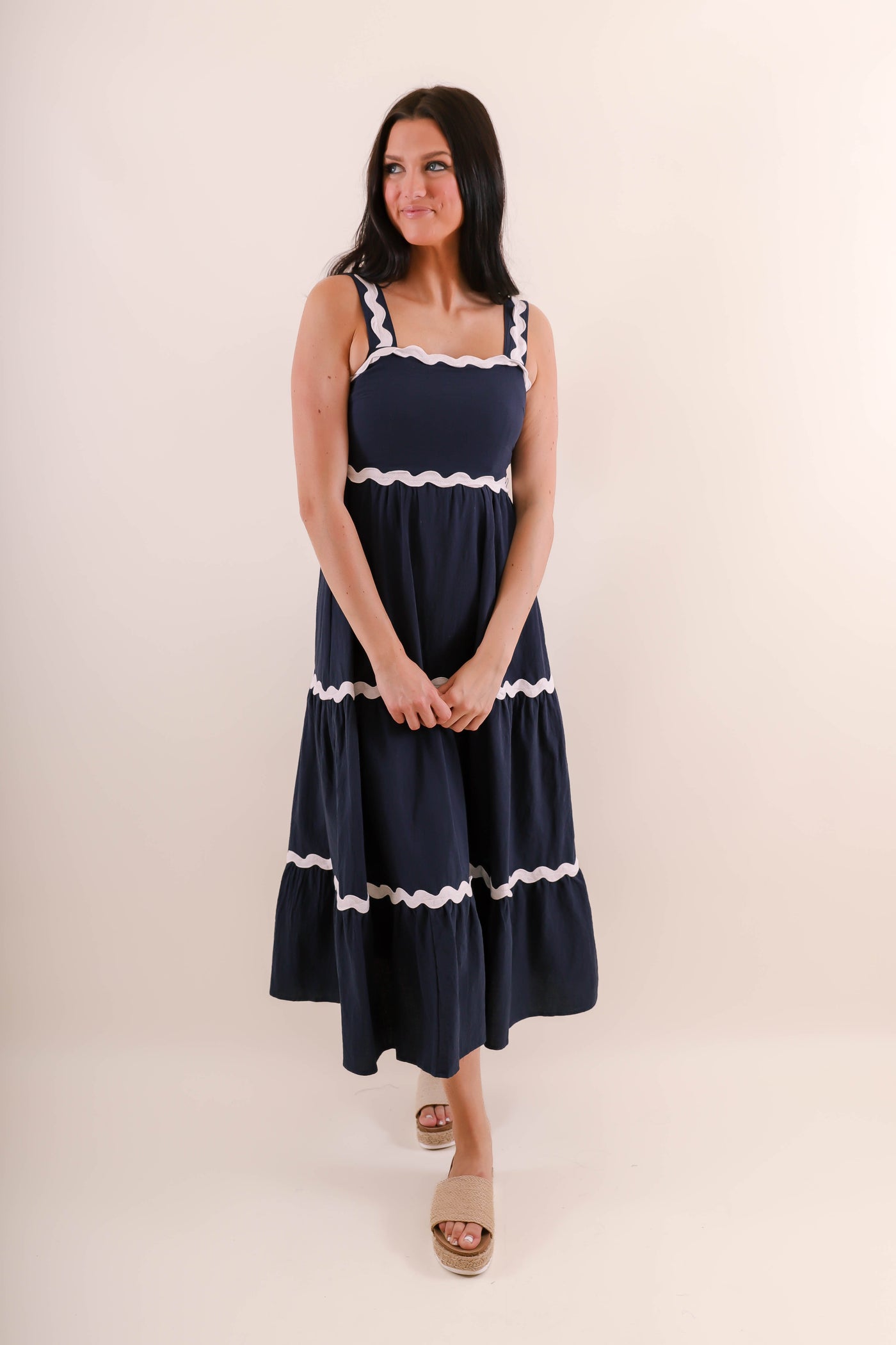 Navy and White Ric-Rac Maxi Dress- Women's Summer Maxi Dresses- She + Sky Maxi Dress