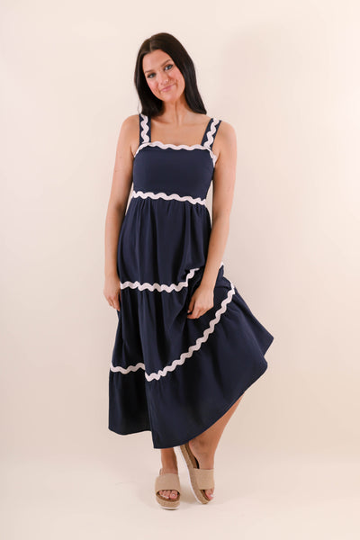 Navy and White Ric-Rac Maxi Dress- Women's Summer Maxi Dresses- She + Sky Maxi Dress