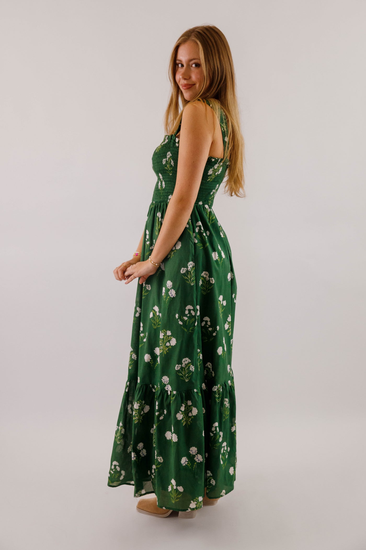 Green Floral Print Maxi- Women's Dresses With Pockets- SugarLips Dress