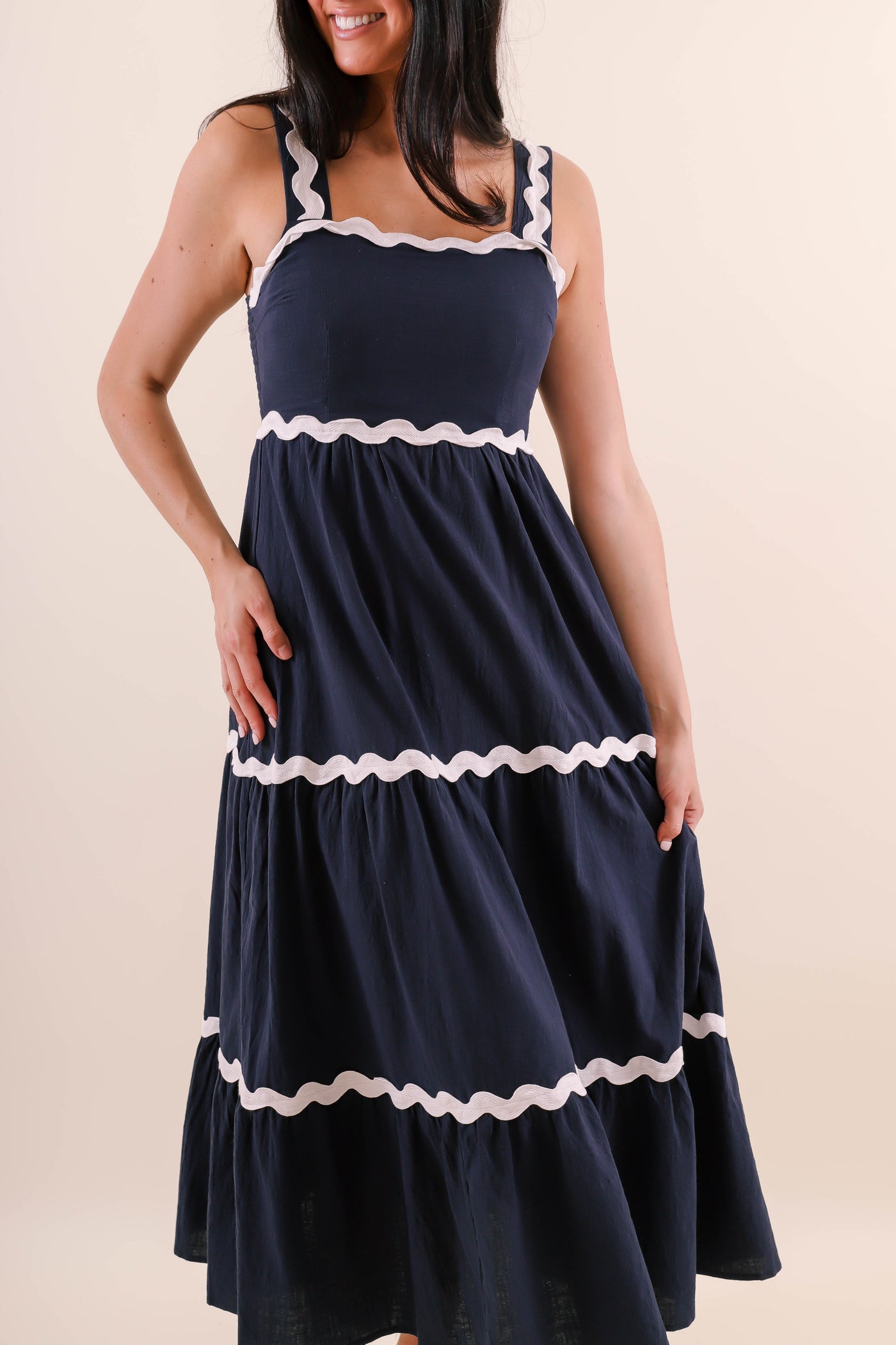 Navy and White Ric-Rac Maxi Dress- Women's Summer Maxi Dresses- She + Sky Maxi Dress