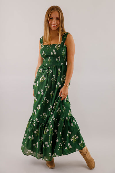 Green Floral Print Maxi- Women's Dresses With Pockets- SugarLips Dress