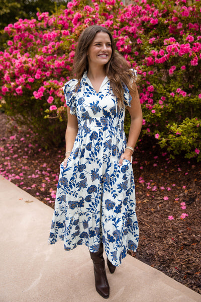 Blue Printed Midi Dress- Women's Resort Wear Dress- TCEC Dresses