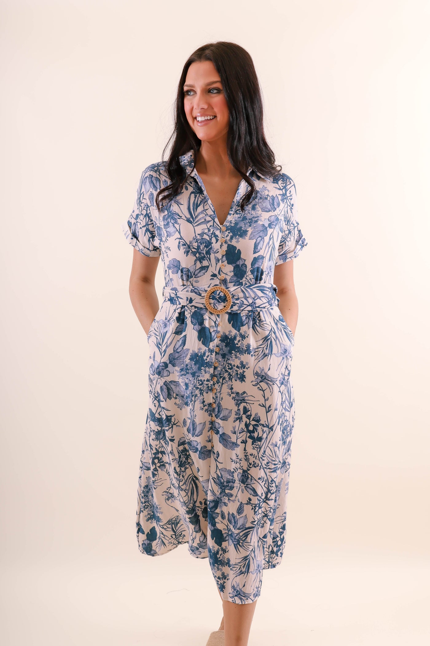 Tropical Print Midi Dress- Women's Vacation Dress- Blue And White Print Midi Dress