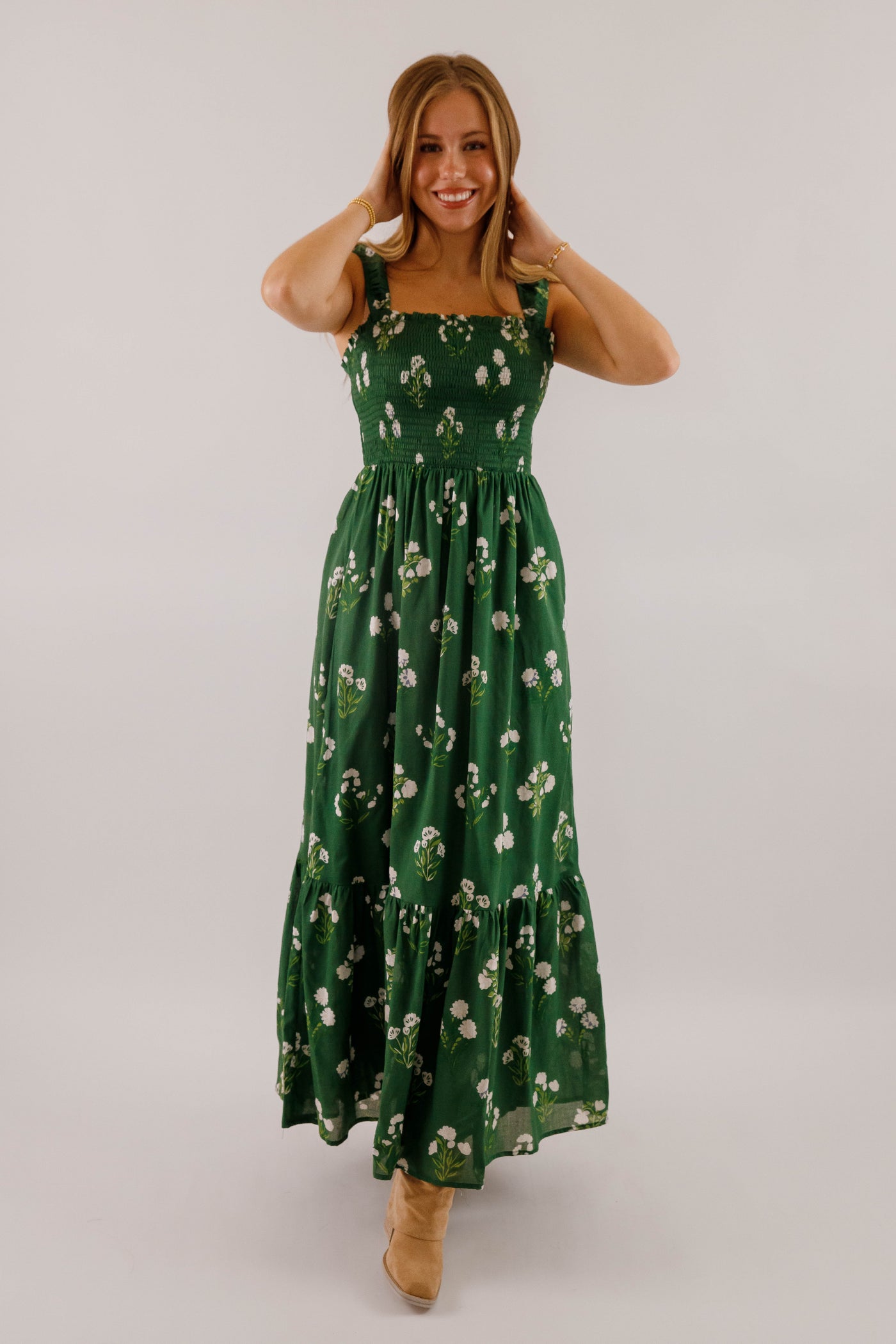 Green Floral Print Maxi- Women's Dresses With Pockets- SugarLips Dress