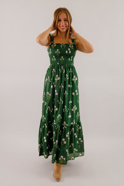 Green Floral Print Maxi- Women's Dresses With Pockets- SugarLips Dress