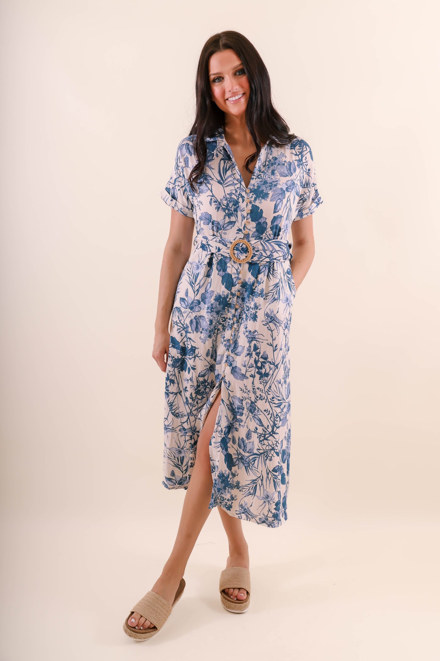 Tropical Print Midi Dress- Women's Vacation Dress- Blue And White Print Midi Dress