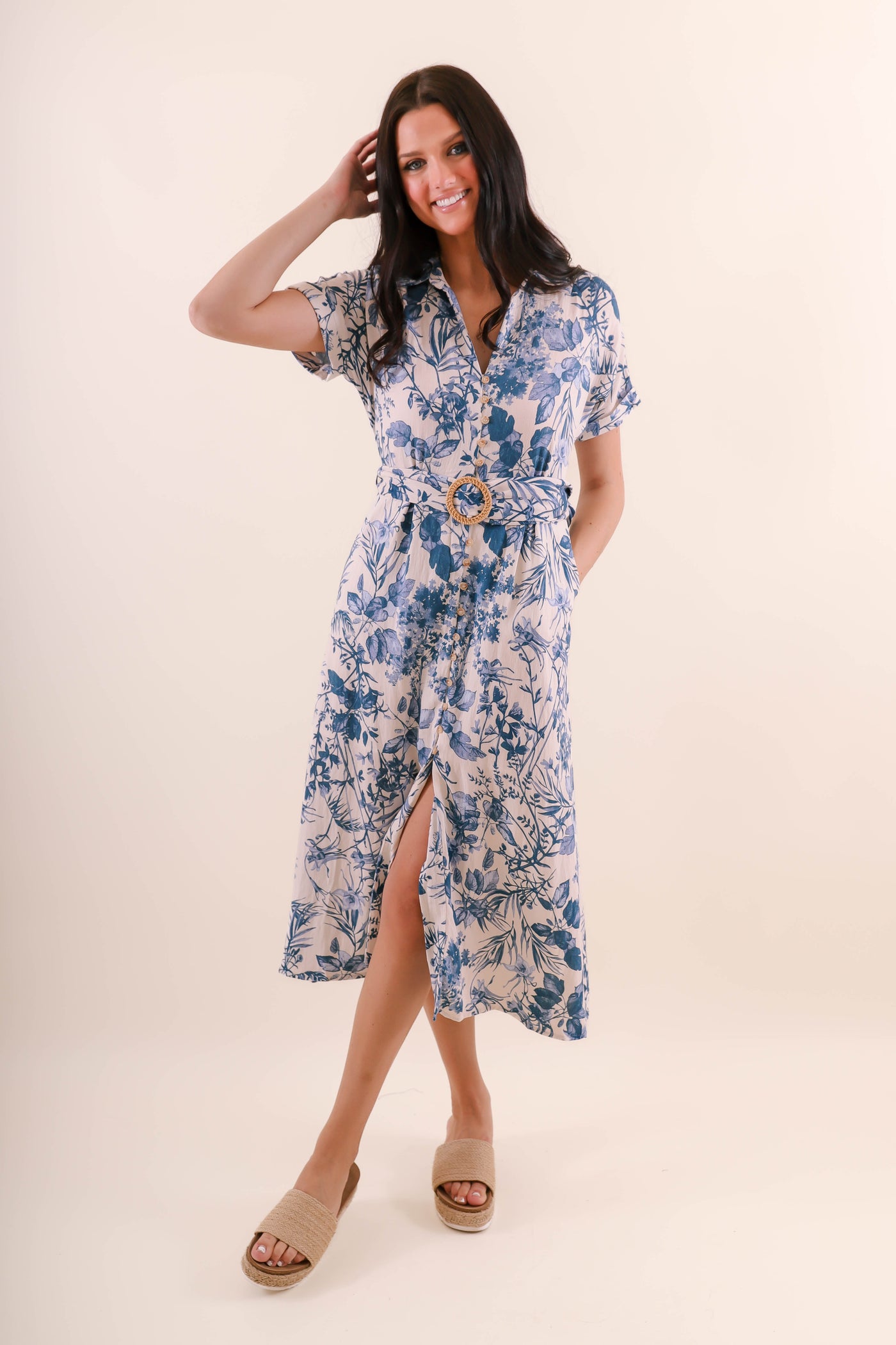 Tropical Print Midi Dress- Women's Vacation Dress- Blue And White Print Midi Dress