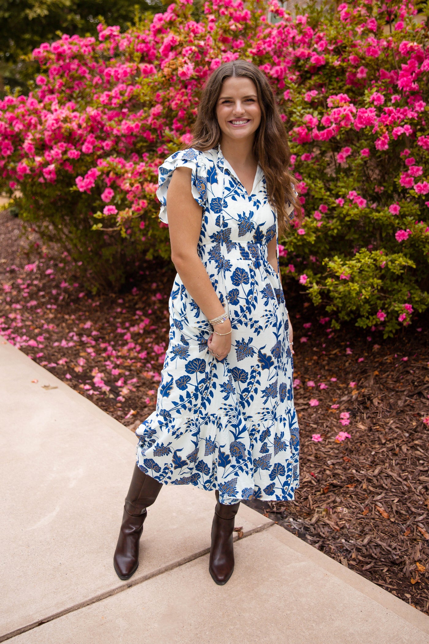Blue Printed Midi Dress- Women's Resort Wear Dress- TCEC Dresses