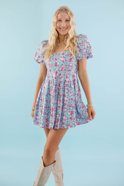 Blue Floral Mini Dress- Pink and Blue Flower Dress- Mable Dress