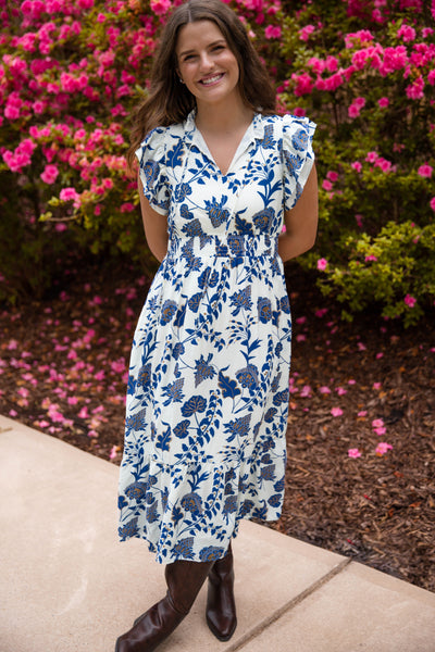 Blue Printed Midi Dress- Women's Resort Wear Dress- TCEC Dresses