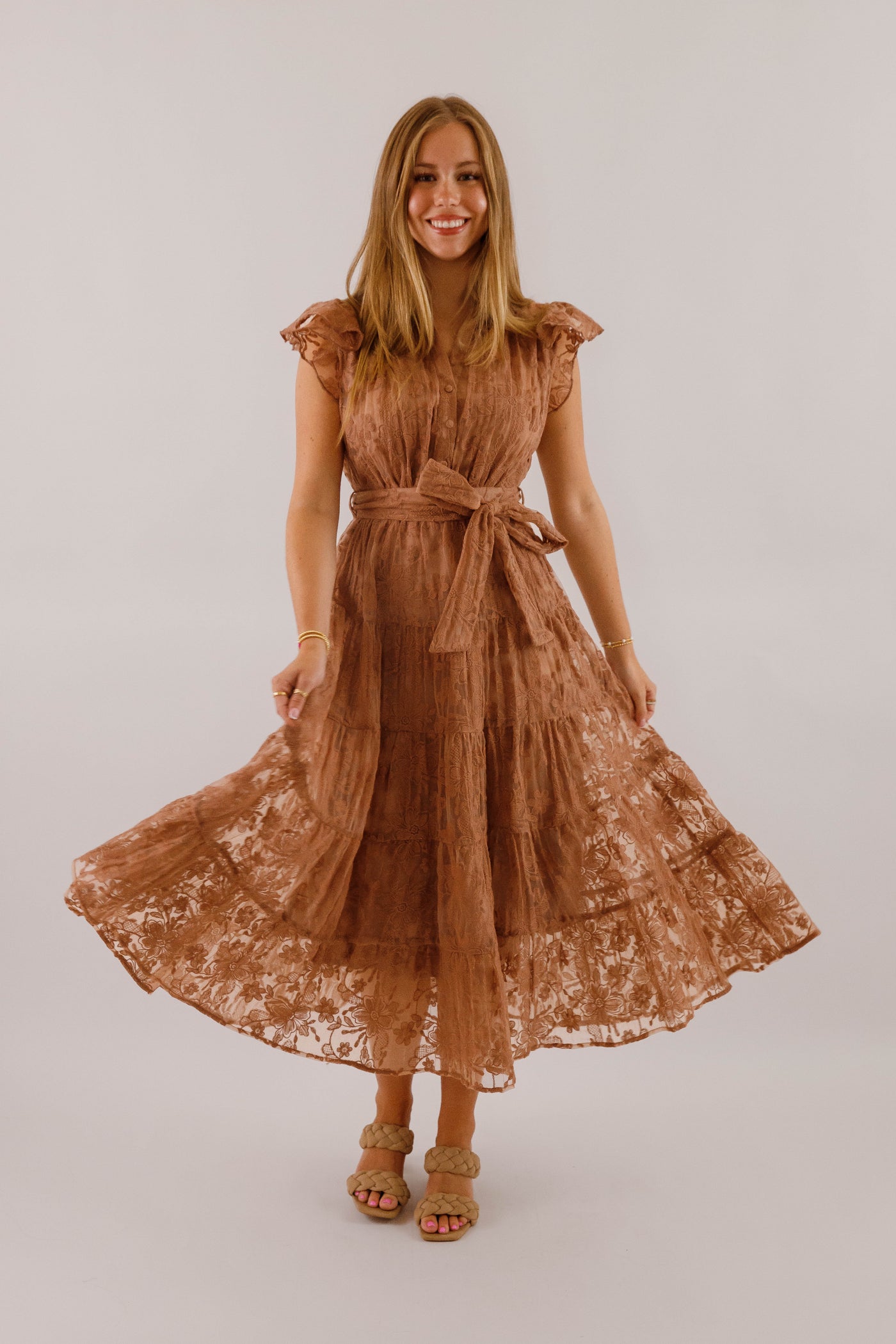 Brown Lace Flutter Sleeve Midi Dress- Women's Sophisticated Midi Dress
