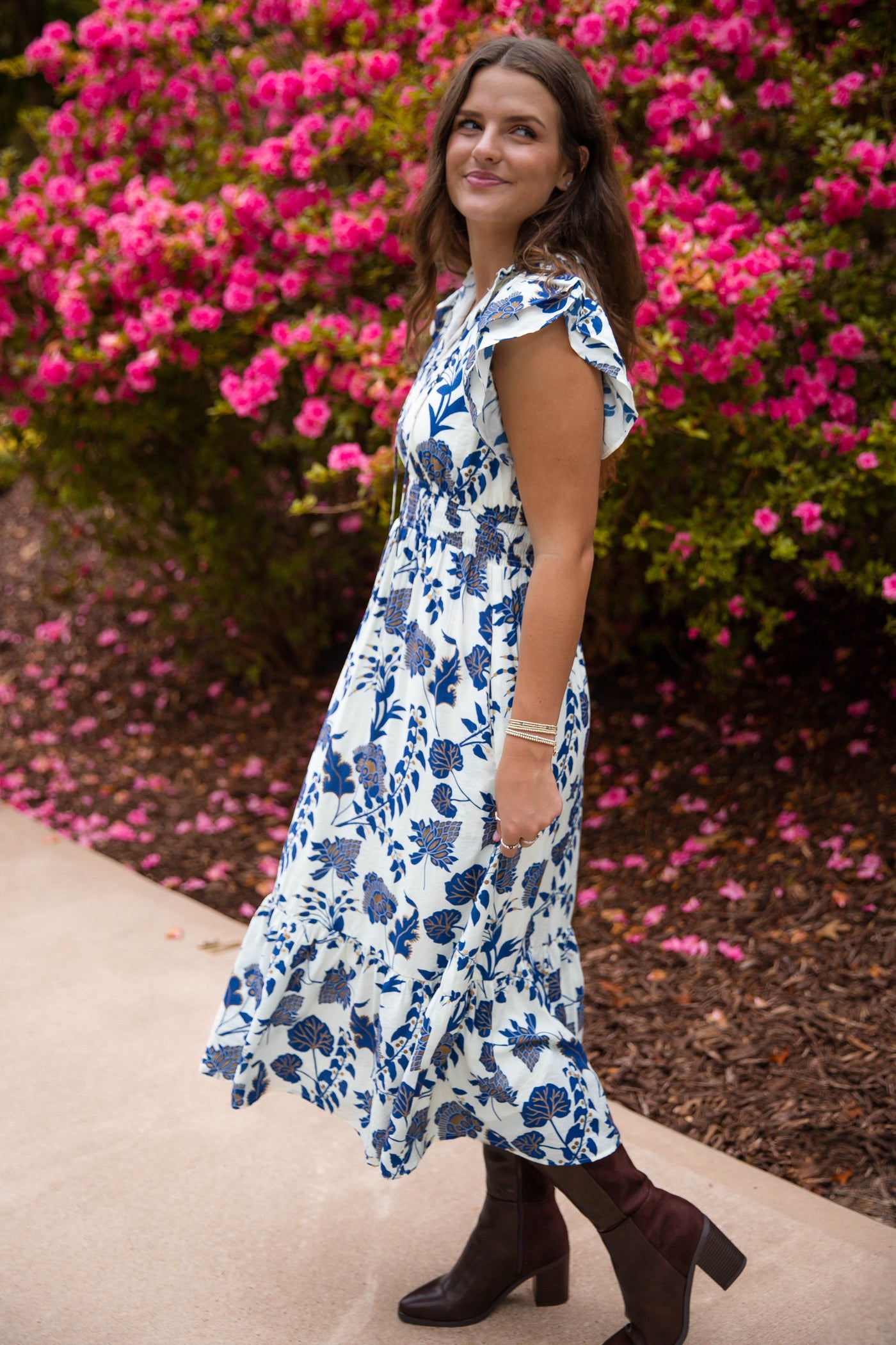 Blue Printed Midi Dress- Women's Resort Wear Dress- TCEC Dresses