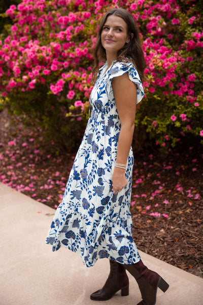 Blue Printed Midi Dress- Women's Resort Wear Dress- TCEC Dresses