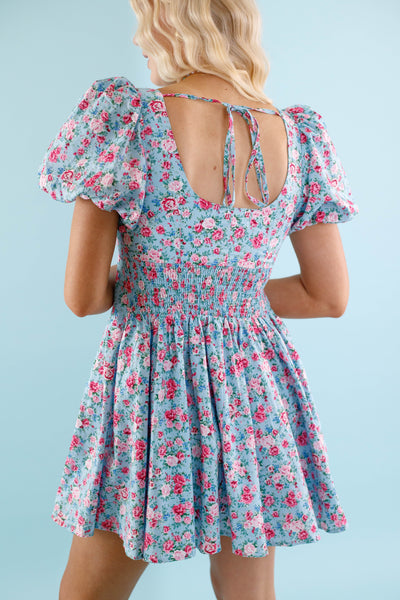 Blue Floral Mini Dress- Pink and Blue Flower Dress- Mable Dress