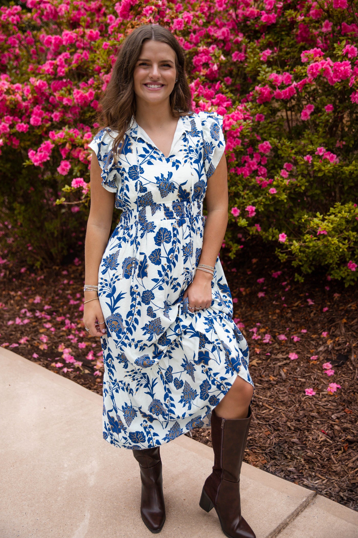 Blue Printed Midi Dress- Women's Resort Wear Dress- TCEC Dresses