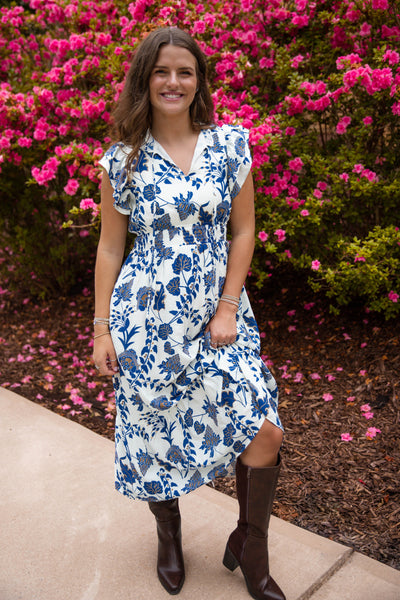 Blue Printed Midi Dress- Women's Resort Wear Dress- TCEC Dresses