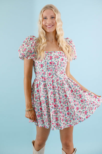 Cream Floral Mini Dress- Pink and Beige Flower Dress- Mable Dress