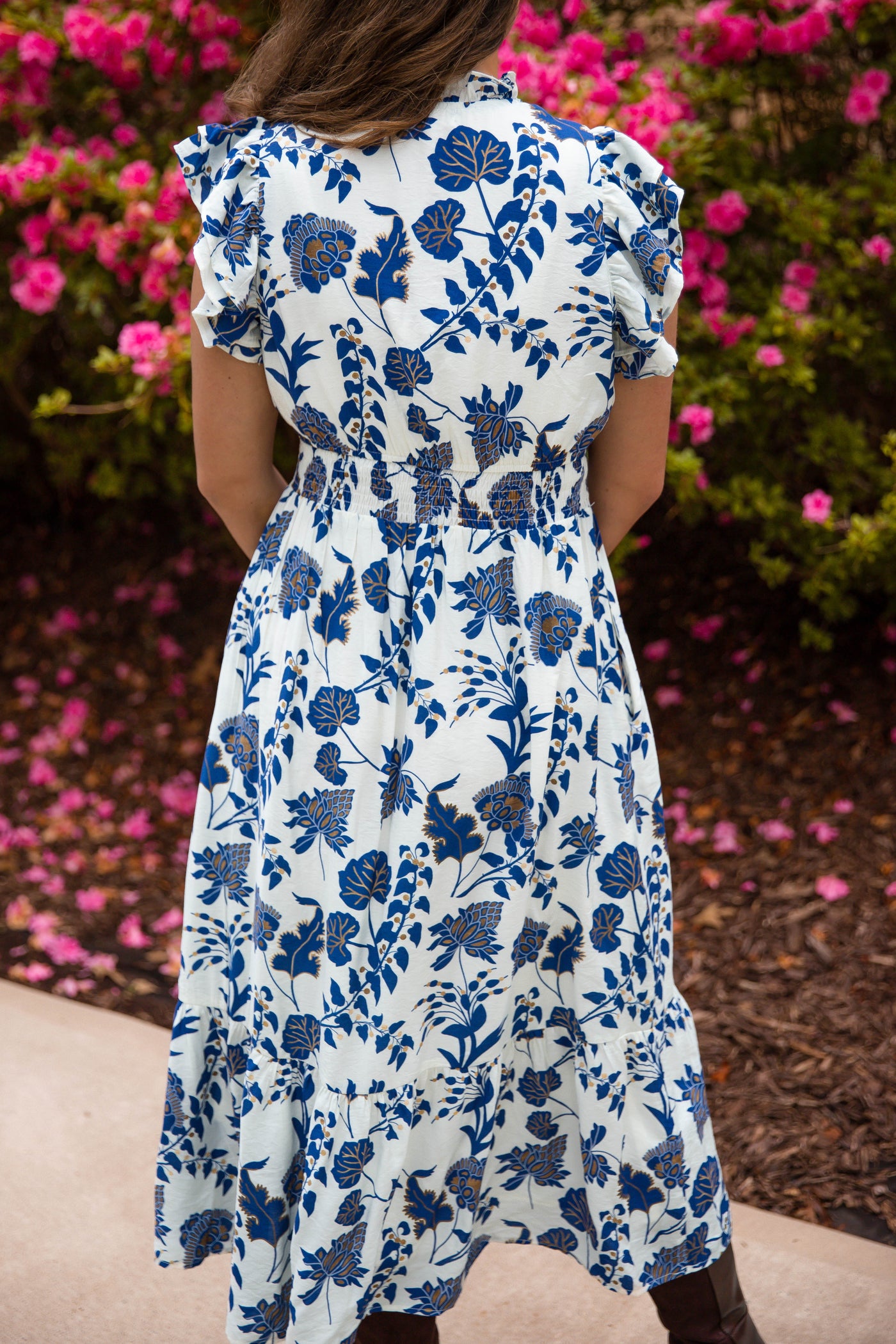 Blue Printed Midi Dress- Women's Resort Wear Dress- TCEC Dresses