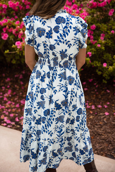 Blue Printed Midi Dress- Women's Resort Wear Dress- TCEC Dresses