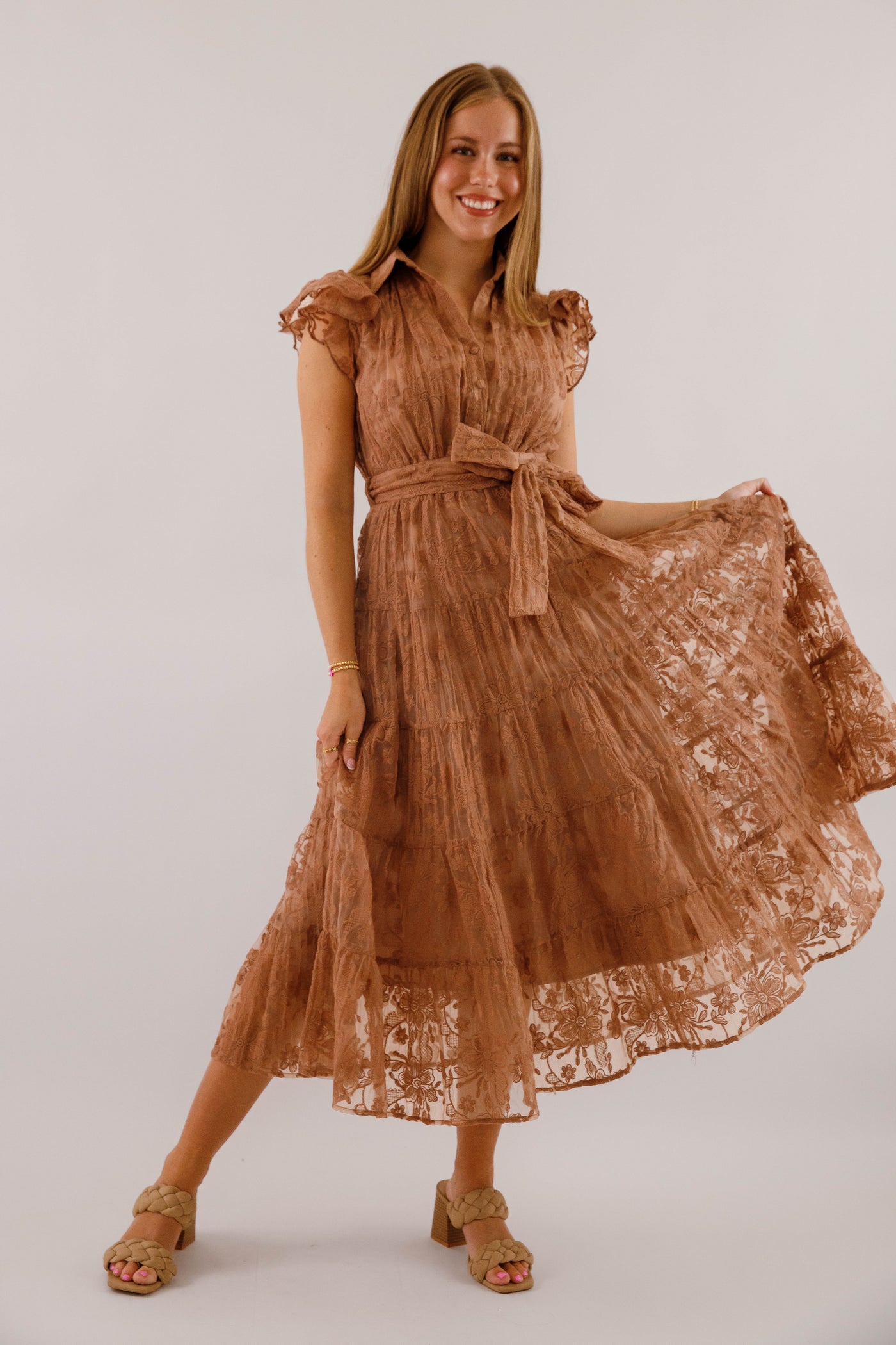 Brown Lace Flutter Sleeve Midi Dress- Women's Sophisticated Midi Dress