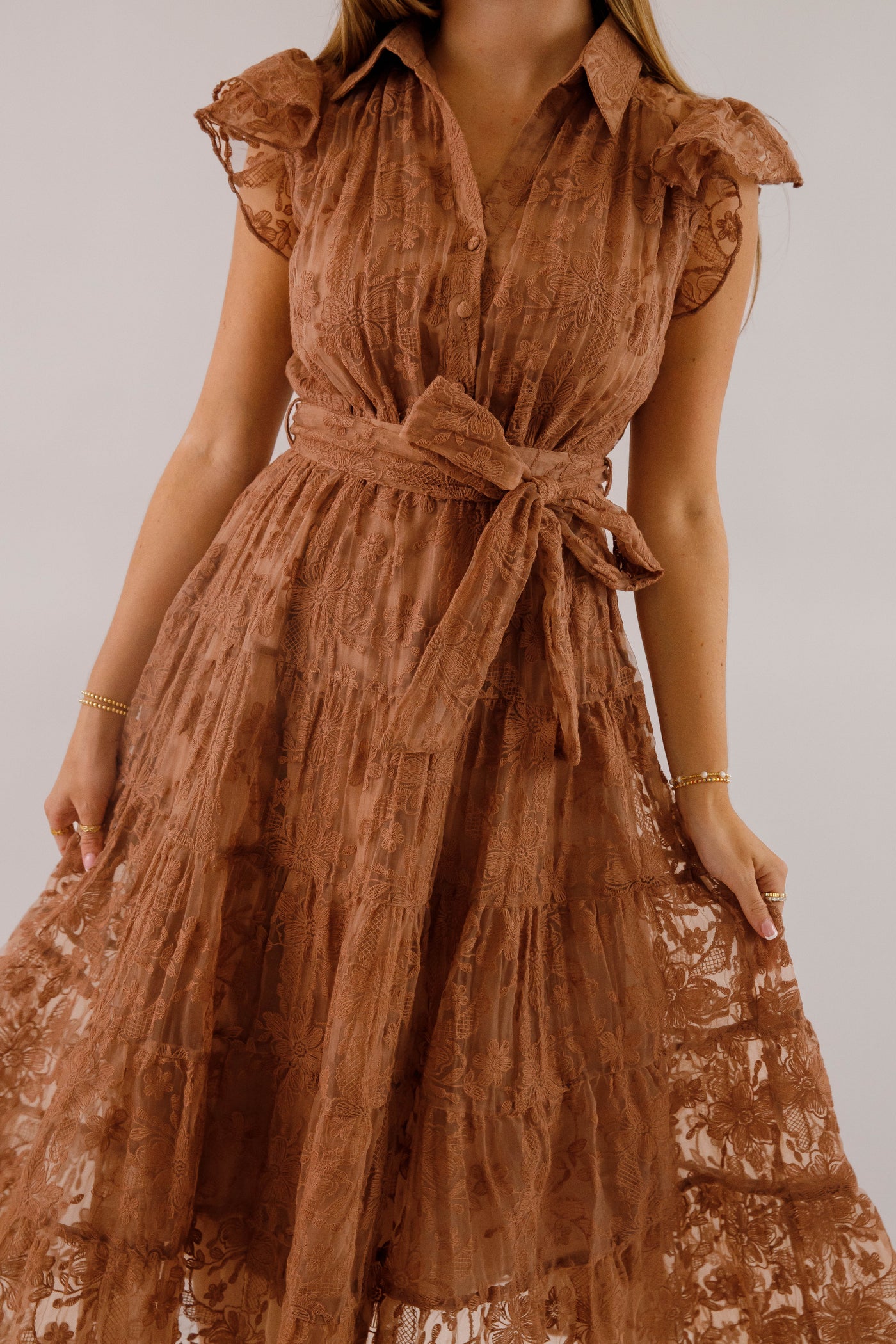 Brown Lace Flutter Sleeve Midi Dress- Women's Sophisticated Midi Dress