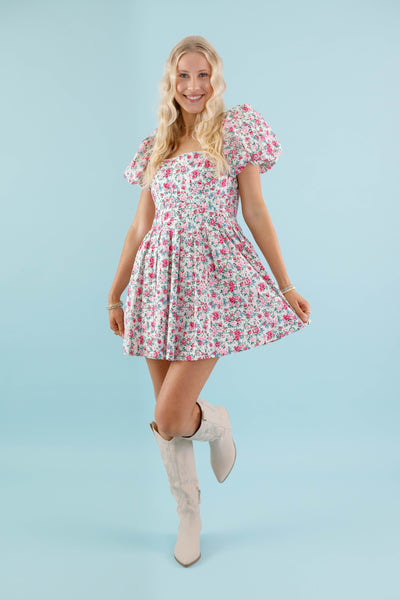 Cream Floral Mini Dress- Pink and Beige Flower Dress- Mable Dress