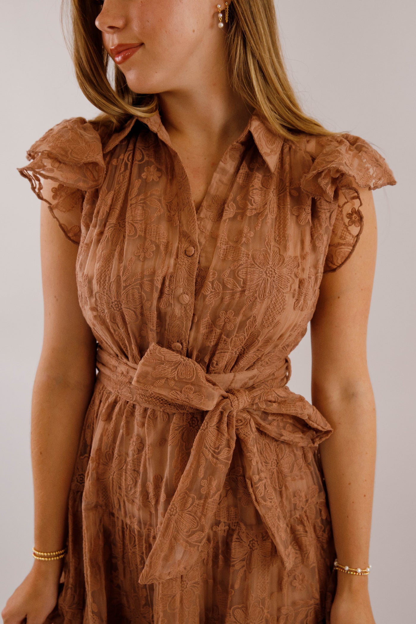 Brown Lace Flutter Sleeve Midi Dress- Women's Sophisticated Midi Dress