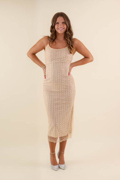 Pearl Mesh Midi Dress- Pearl Bodycon Dress- Long Pearl Dress