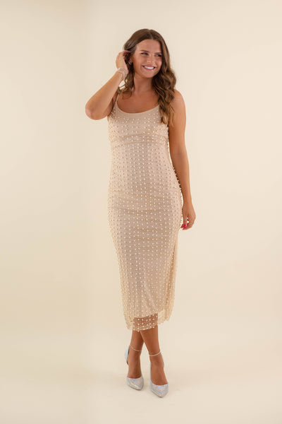 Pearl Mesh Midi Dress- Pearl Bodycon Dress- Long Pearl Dress