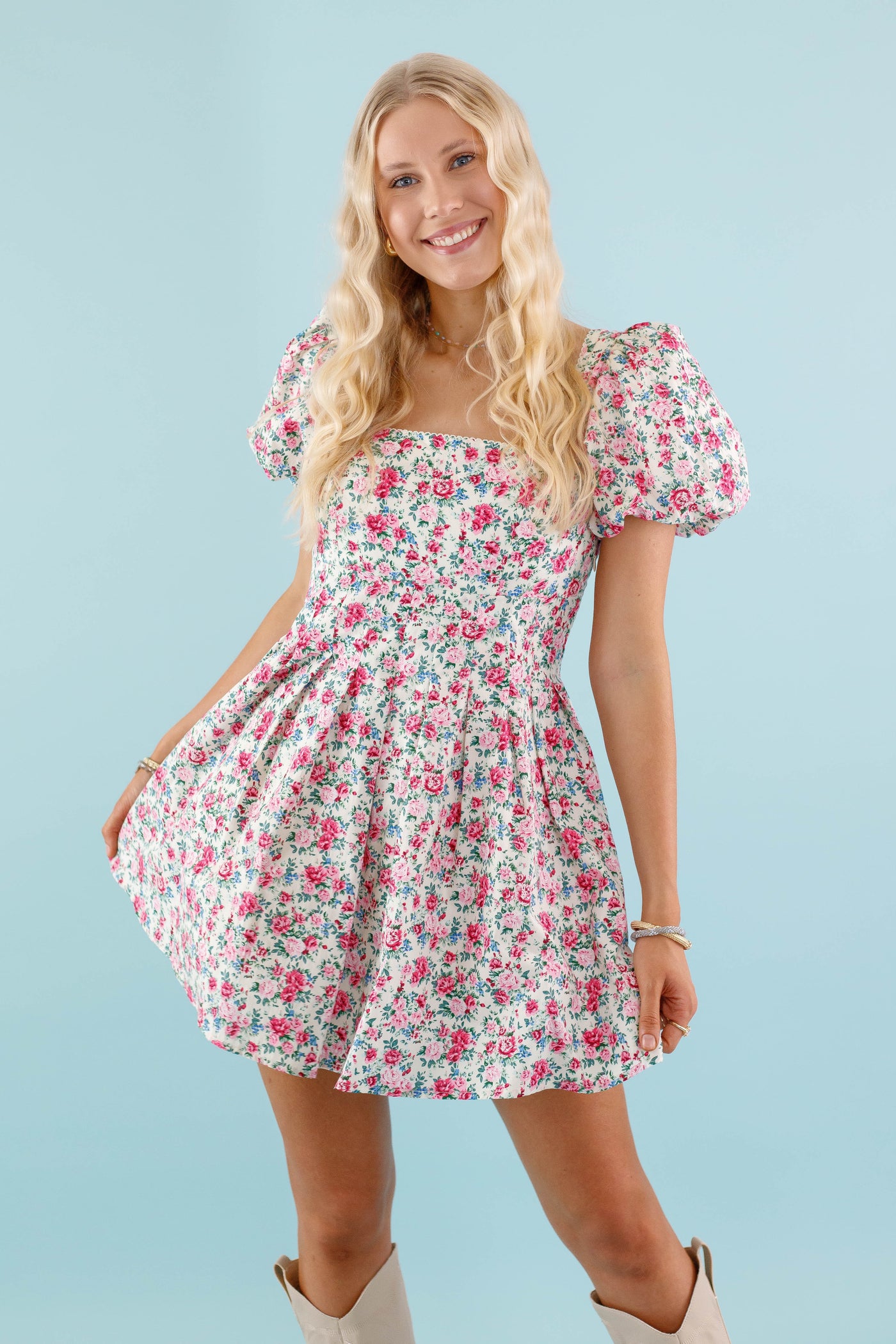 Cream Floral Mini Dress- Pink and Beige Flower Dress- Mable Dress